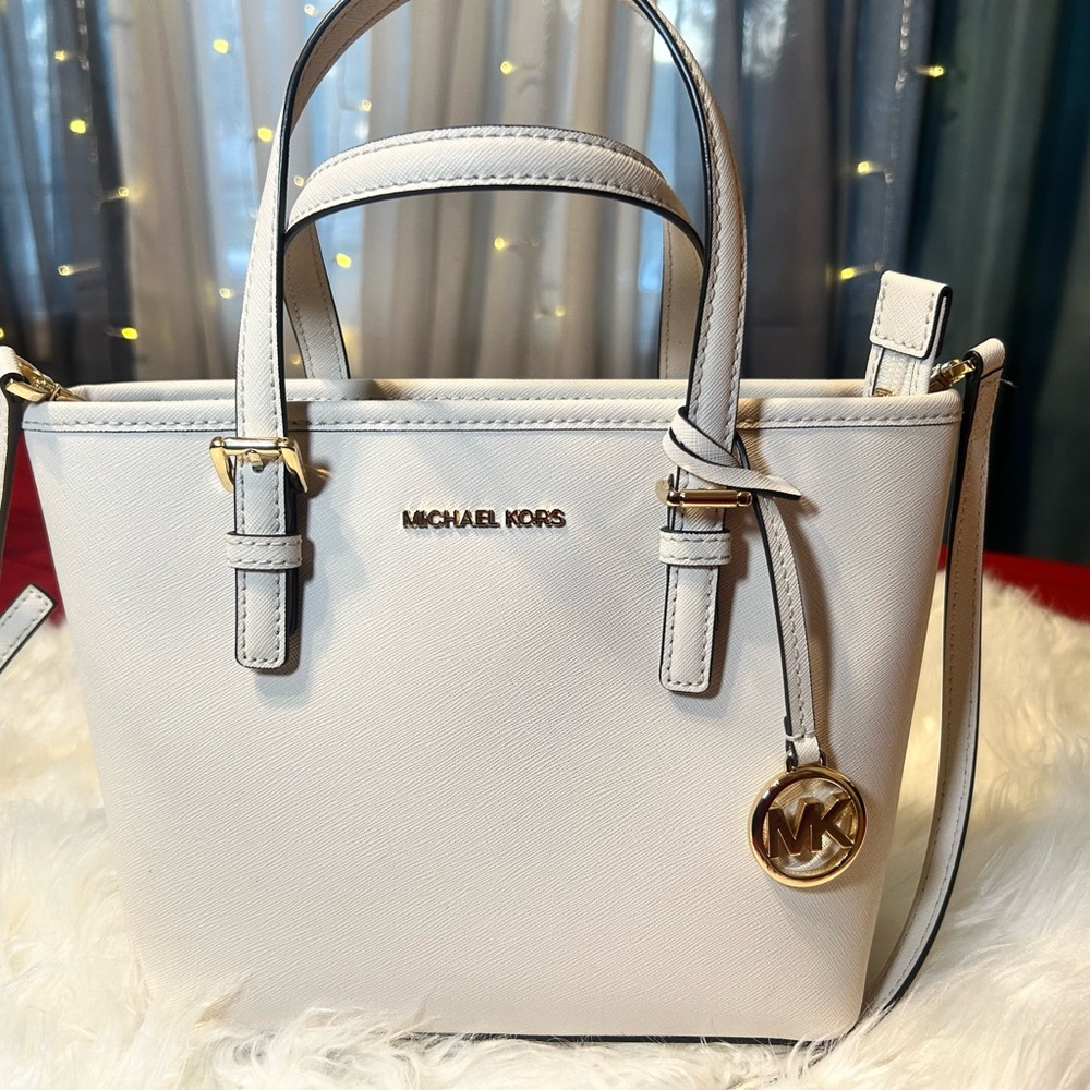 Michael Kors Jet Set Large Tote Bag White Gold Hardware Purse